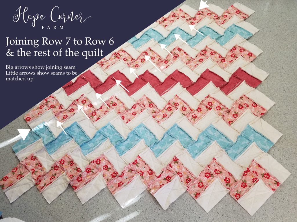 Joining Row 7 to the rest of the Rag Quilt - Chevron Style Hope Corner Farm