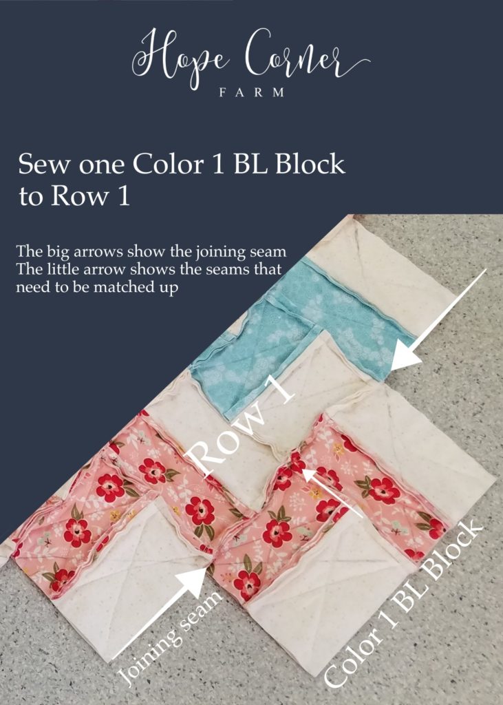 Joining Row 1 to a Color 1 BL Block in the Rag Quilt - Chevron Style Hope Corner Farm