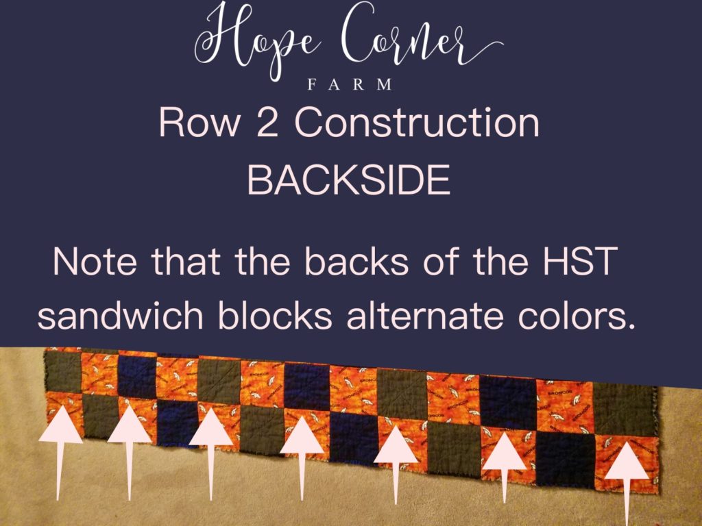 Row 2 backside construction of the Half Square Triangle Rag Quilt Hope Corner Farm
