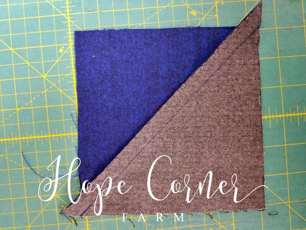 Half Square Triangle before trimming Hope Corner Farm