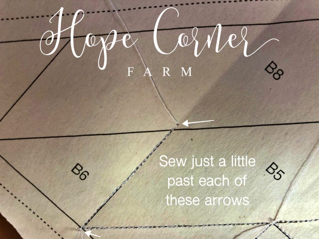 Start and stop point for sewing in paper piecing Hope Corner Farm