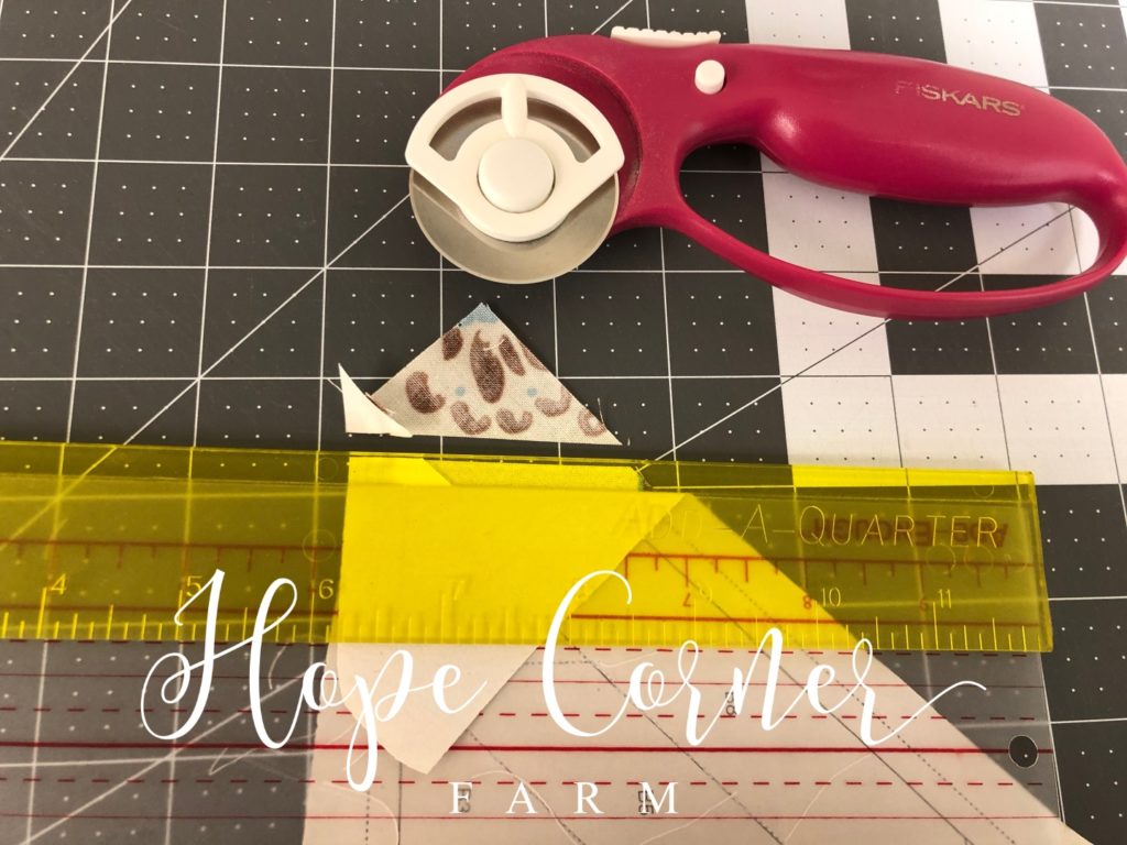 The trimmed fabric in paper piecing Hope Corner Farm