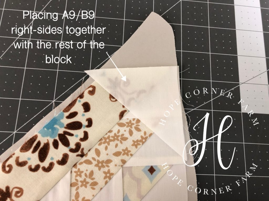 Placing the fabrics right-sides together in paper piecing Hope Corner Farm
