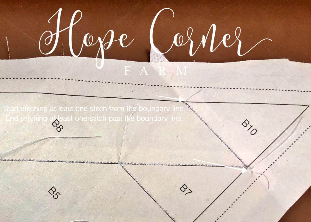 The start and stop point for the seam in paper piecing Hope Corner Farm