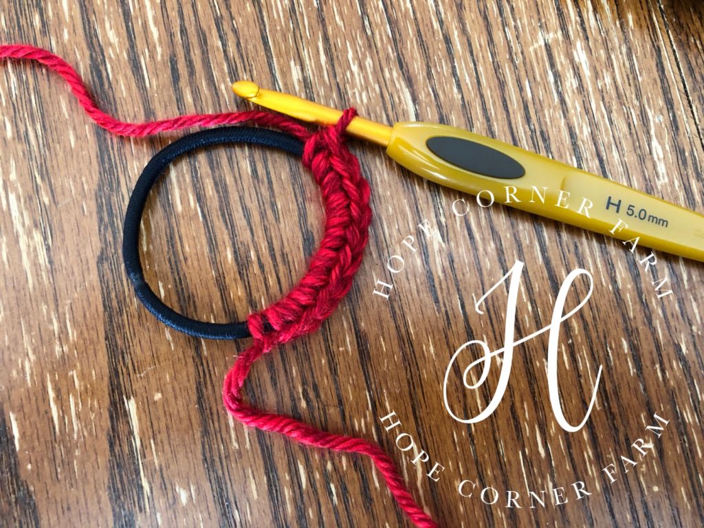 Single crochet inside of the hair tie Hope Corner Farm