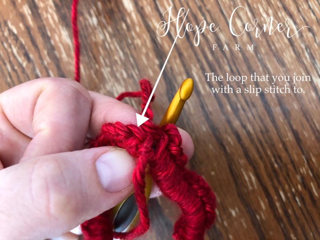 Joining the first round of crochet with a slip stitch Hope Corner Farm