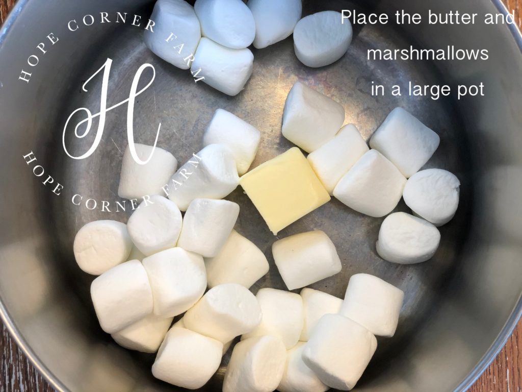 Melting butter and marshmallows Rice Krispie Treats Recipe Hope Corner Farm