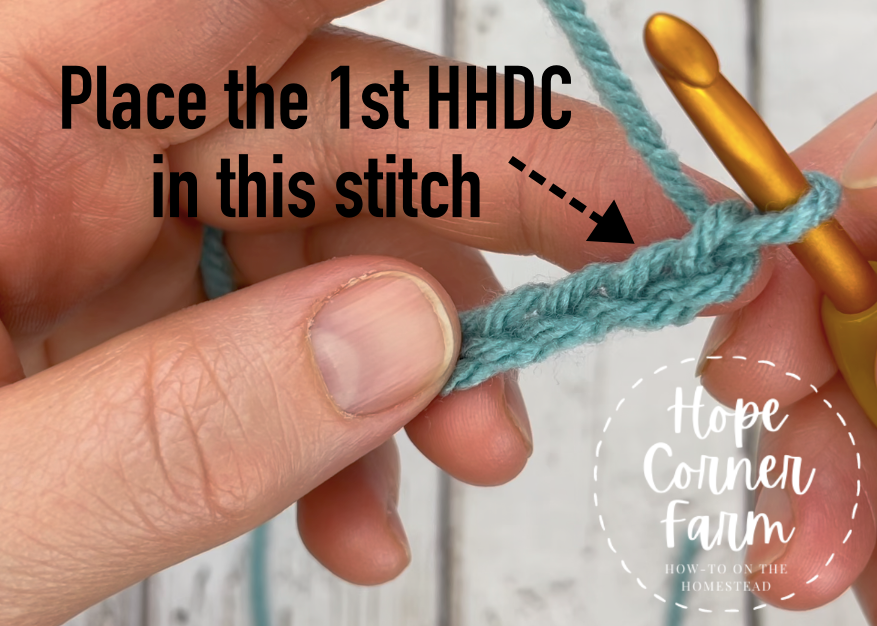 Placement of the first herringbone half double crochet stitch