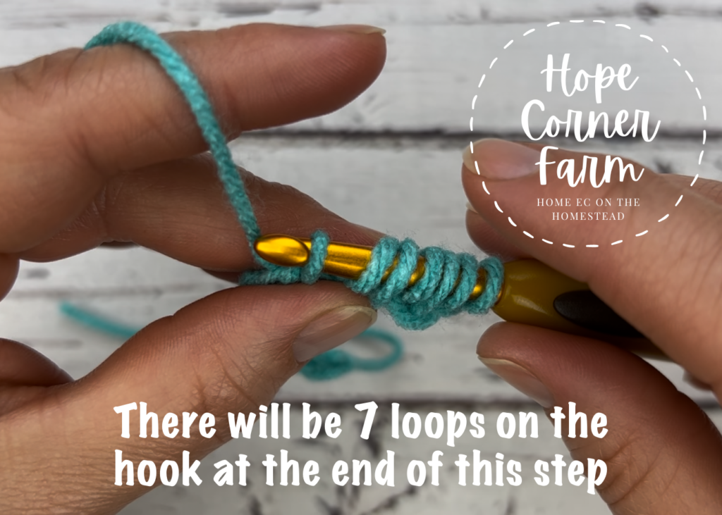 7 loops on the crochet hook