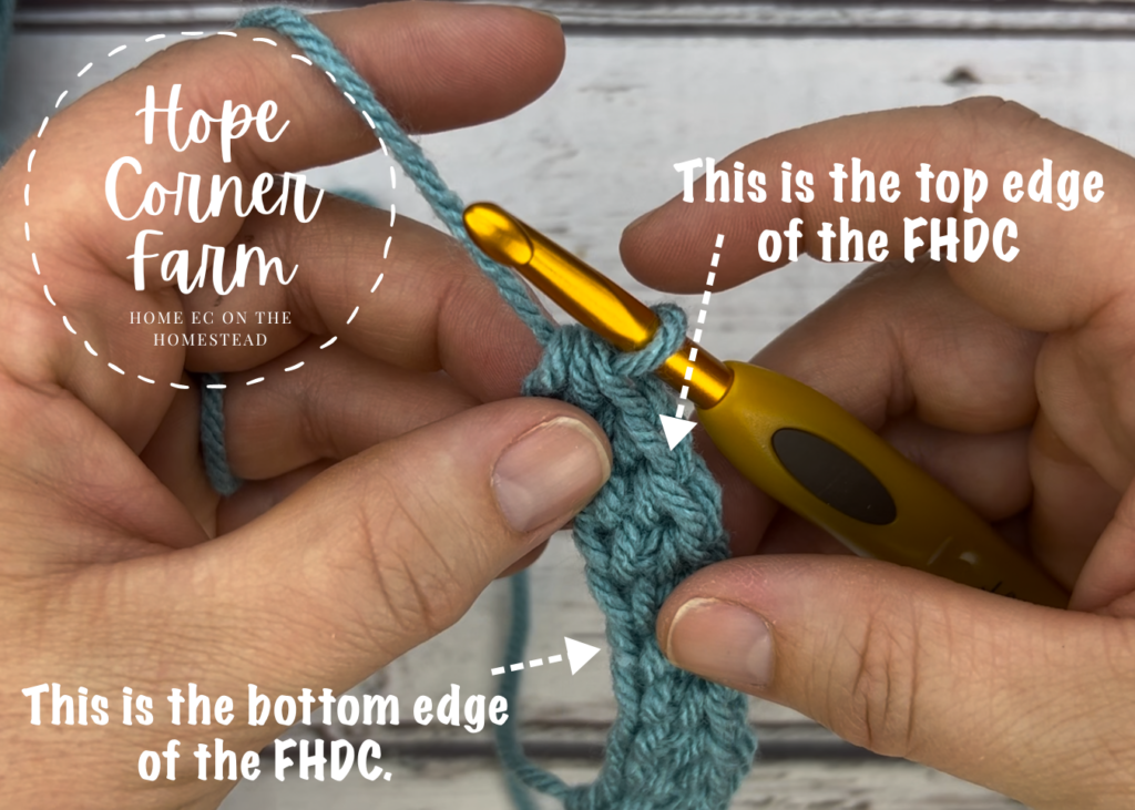 Top and bottom edge of the Foundation Half Double Crochet stitch