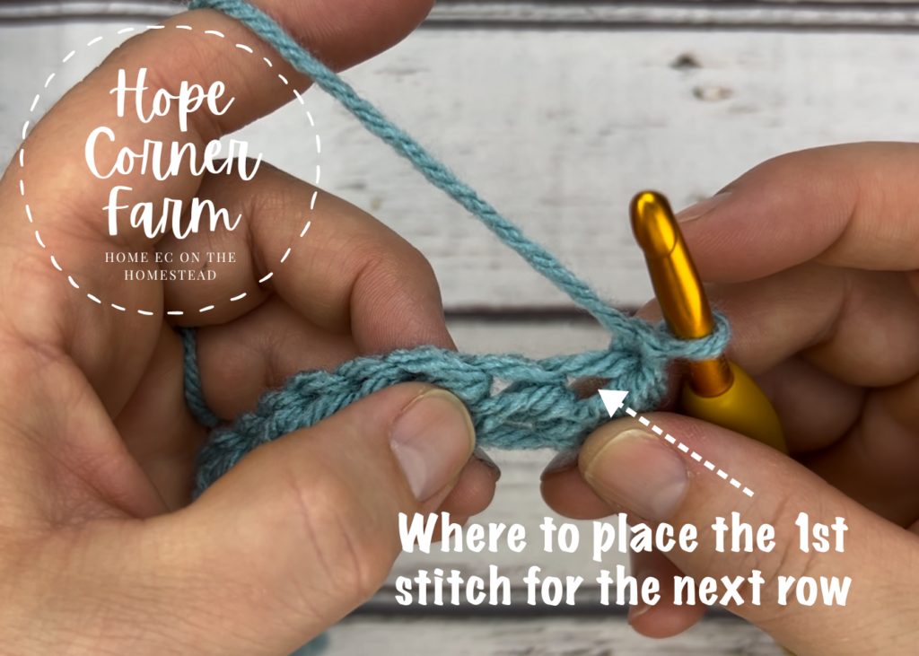Placement of the next row of crochet stitches