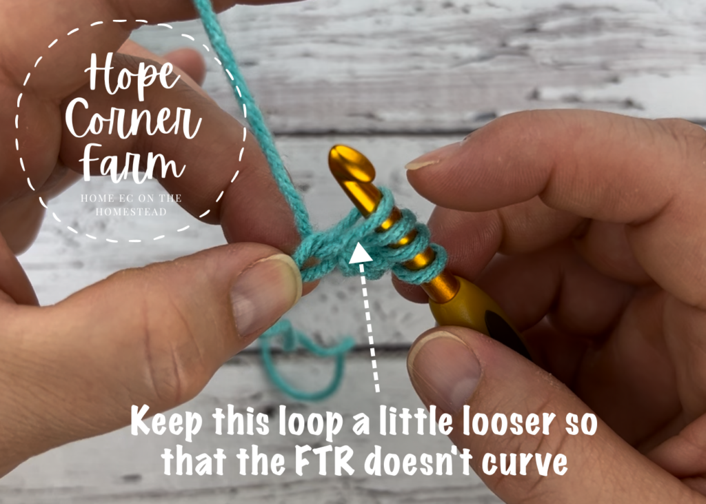 Keep this loop looser to keep the foundation treble crochet from curving