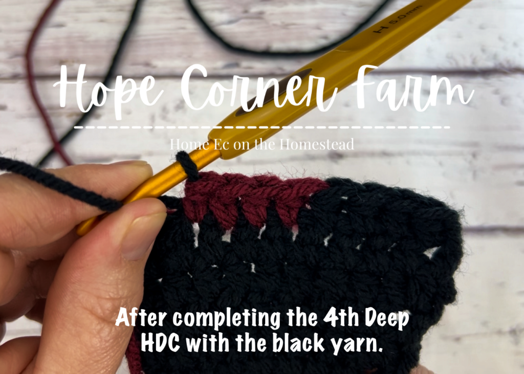 After completing the 4th Deep HDC with the black yarn