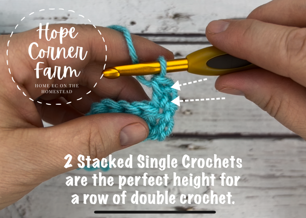 2 stacked single crochets is the right height for a row of double crochet stitches