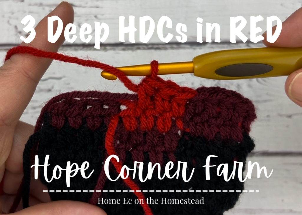 3 deep half double crochets in red yarn