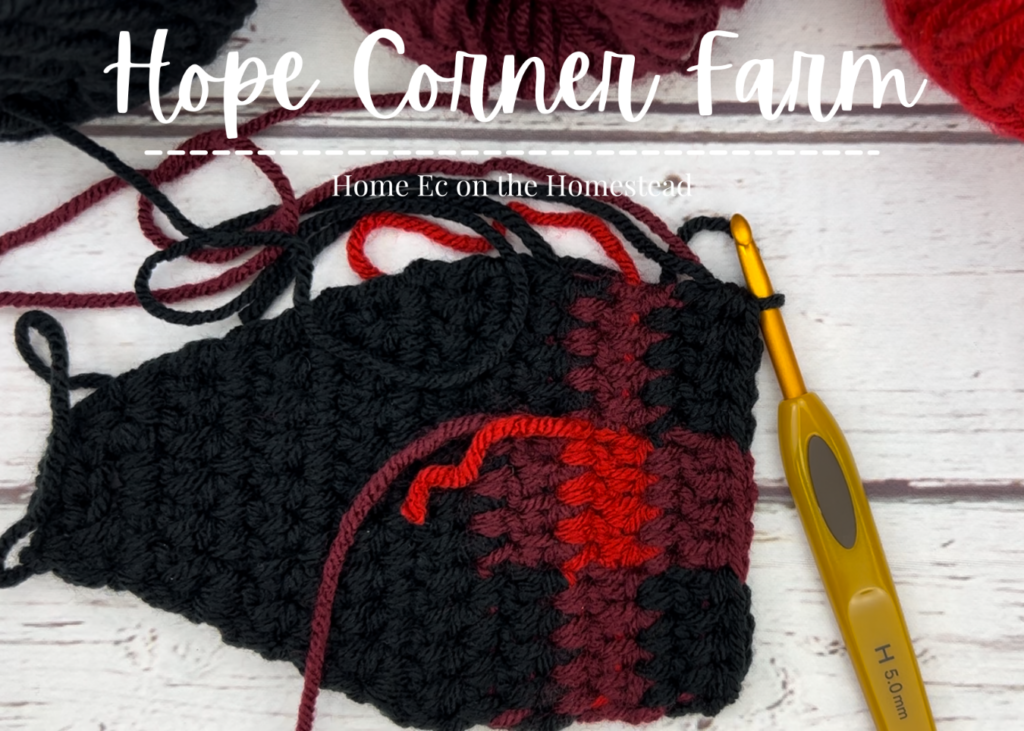 Row 16 in the buffalo plaid crochet ear warmer