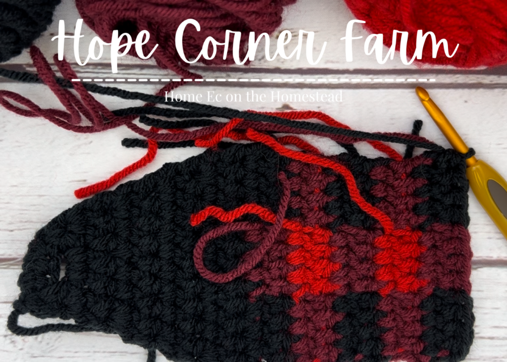 Finished row 20 of How to Crochet a Buffalo Plaid Flower Headband