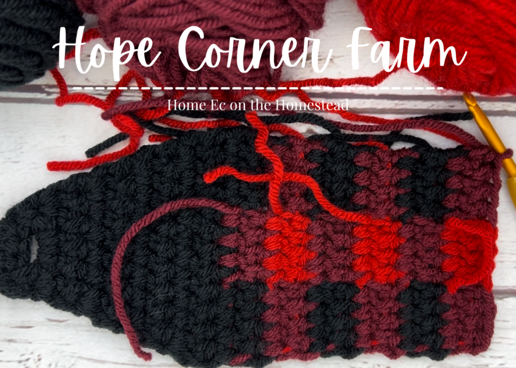 Completed Row 22 Buffalo Plaid Flower Ear Warmer