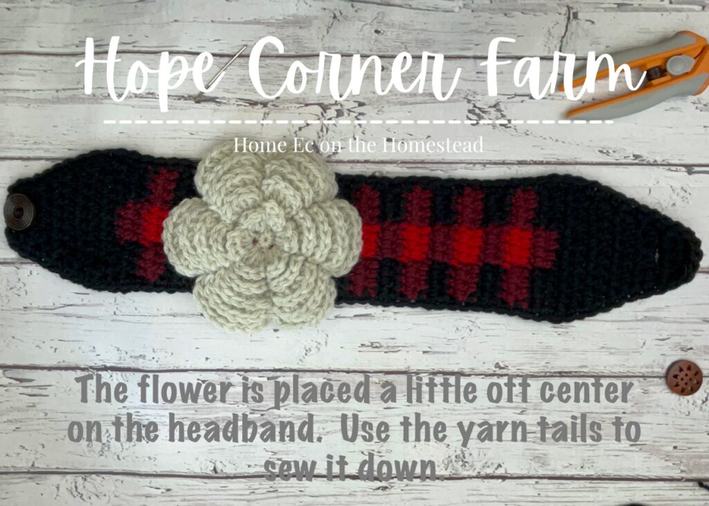 Where to place the flower on the crochet buffalo plaid flower headband