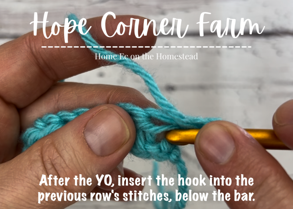 Hook placement for the Deep Half Double Crochet Stitch