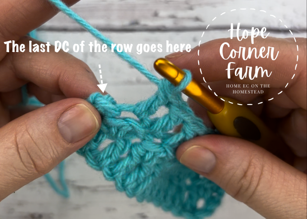 Where the last dc of the row of floret crochet stitches goes