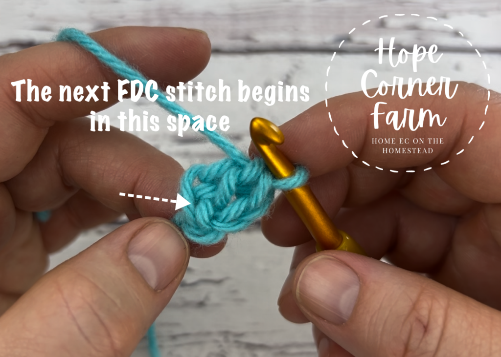 Where to place the crochet hook for the next FDC