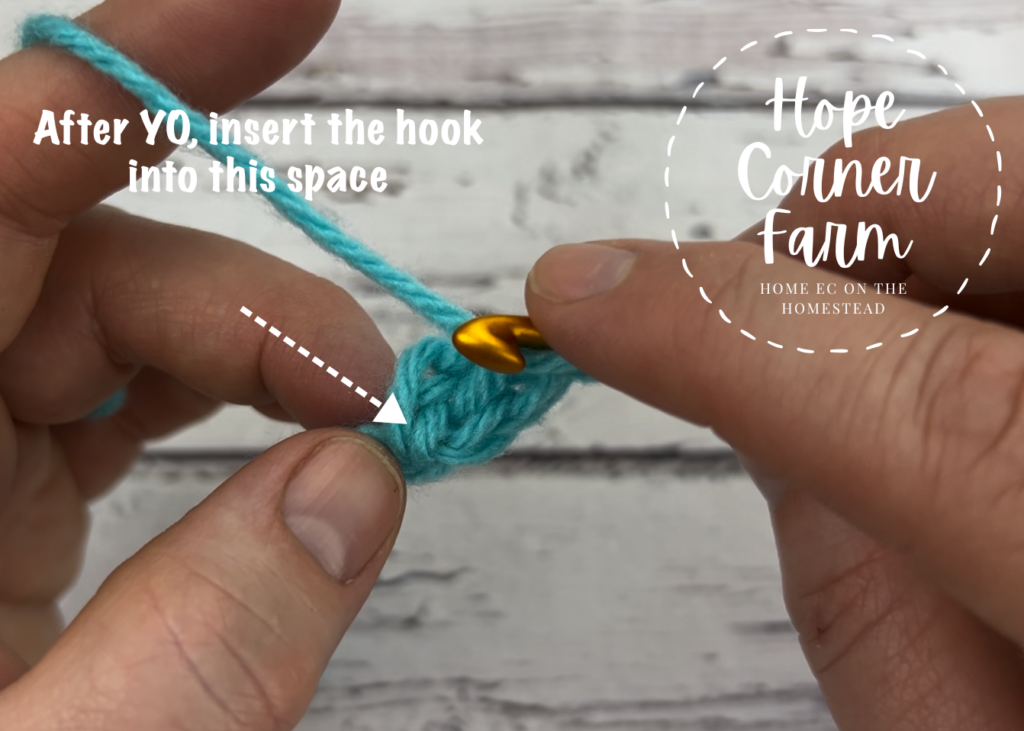 After yarning over, insert the hook into the previous foundation double crochet stitch