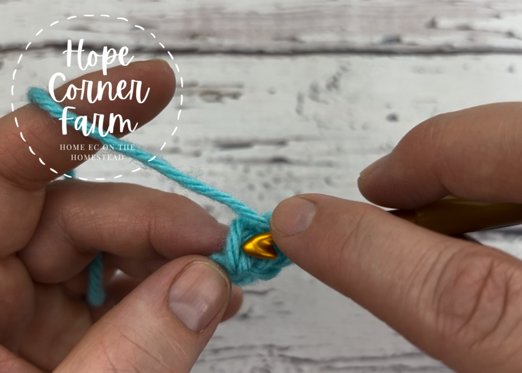 A close up of where to put the crochet hook