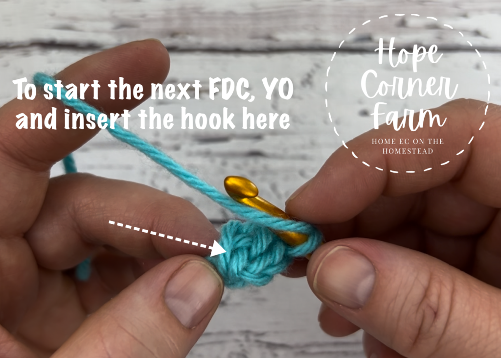 Start the next foundation double crochet by yarning over