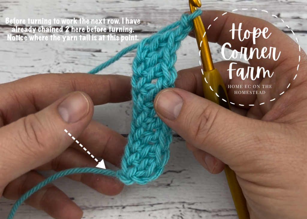 Yarn tail placement before turning the foundation double crochet