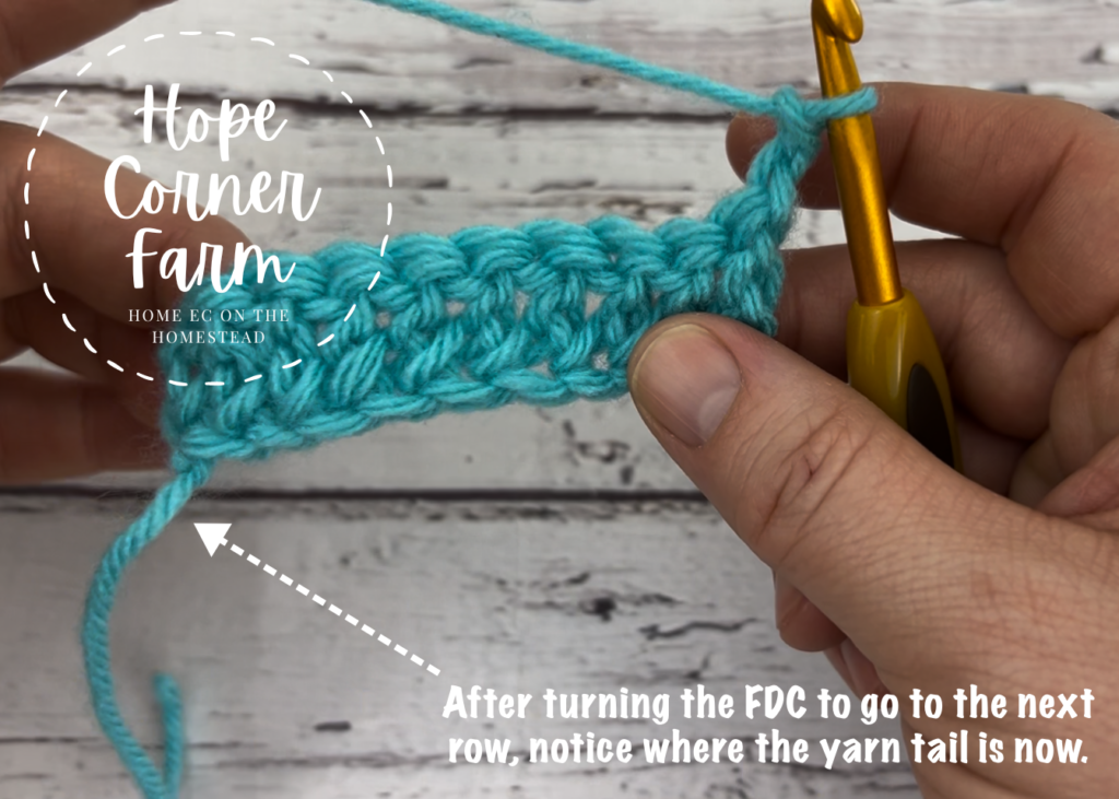 Yarn placement after turning the foundation double crochet stitch