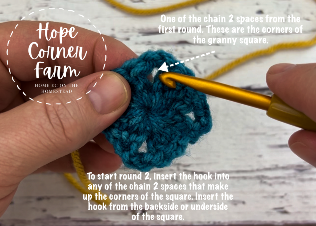 Where to insert the crochet hook for round 2
