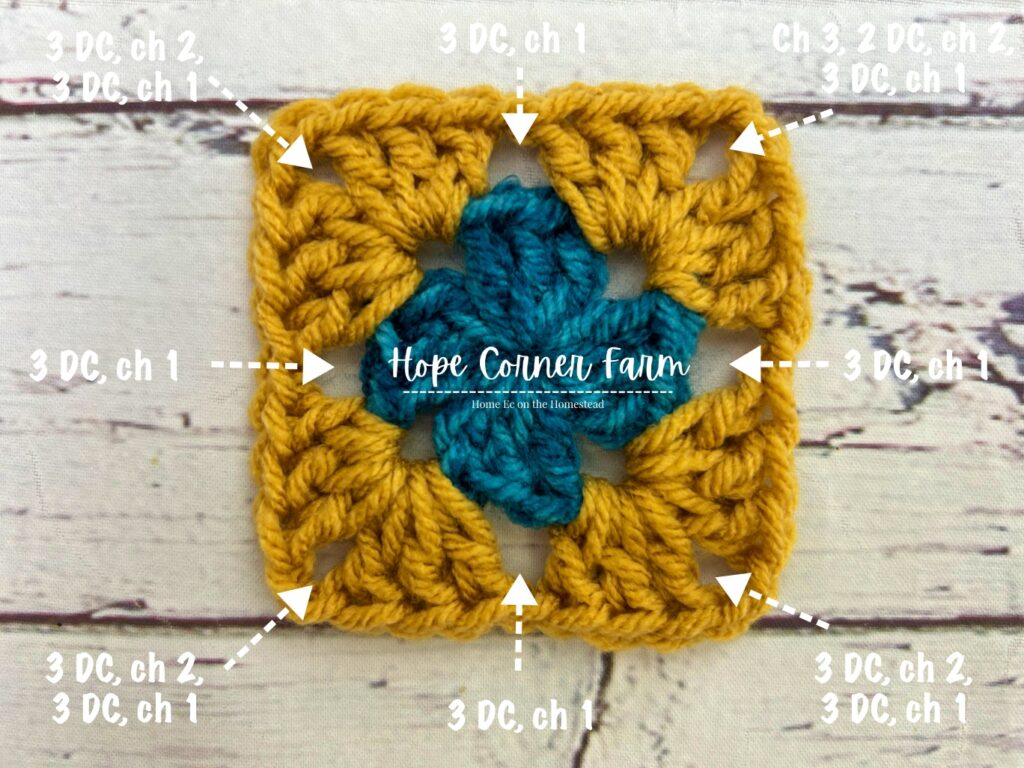 crochet stitch placement for round 3 of the crochet granny square