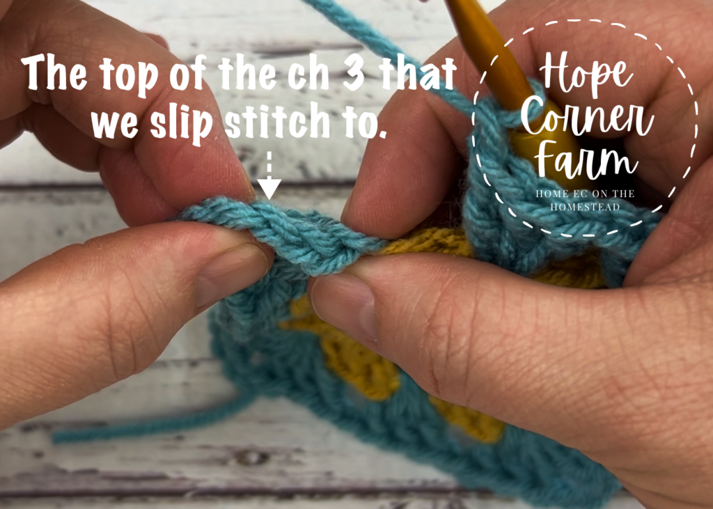 close up of the stitch we slip stitch to