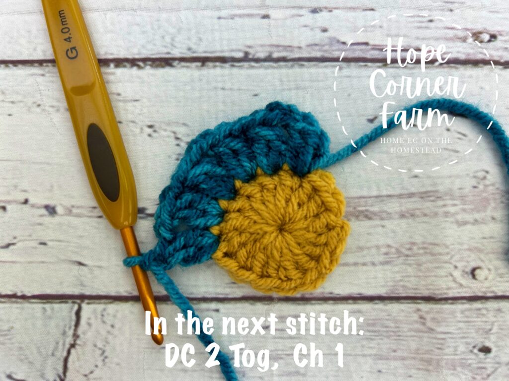 double crochet two together and chain 1