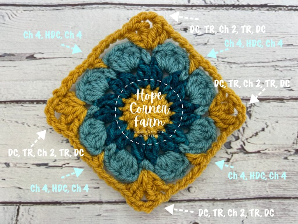 crochet stitch guide for round four of the crochet flower granny square