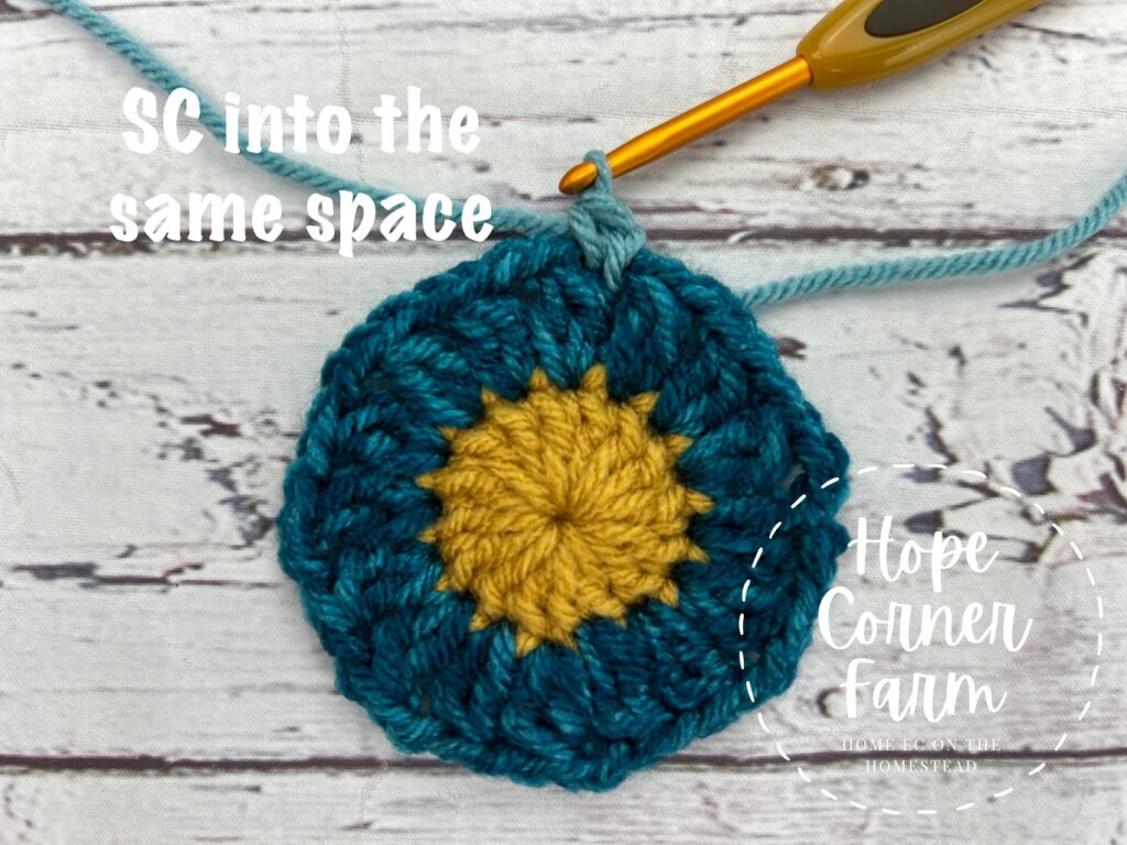 single crochet stitch into the same space