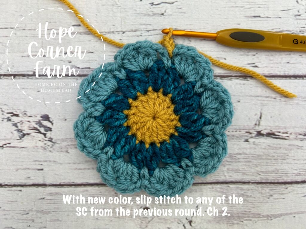 Join new yarn color with a slip stitch to any of the single crochets from the last round. Ch 2