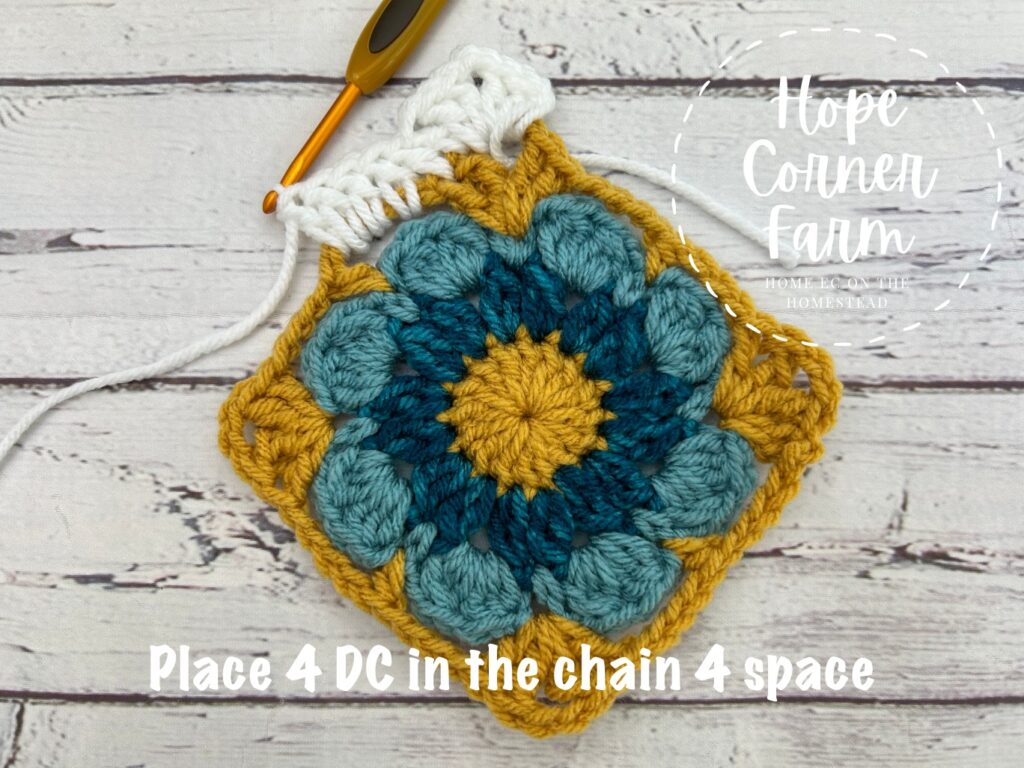 place 4 double crochet stitches in the chain four space