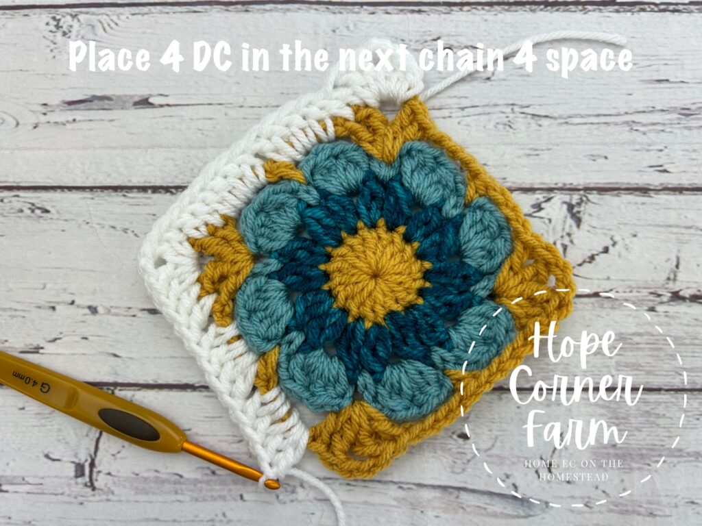 four double crochet stitches in the chain 4 space