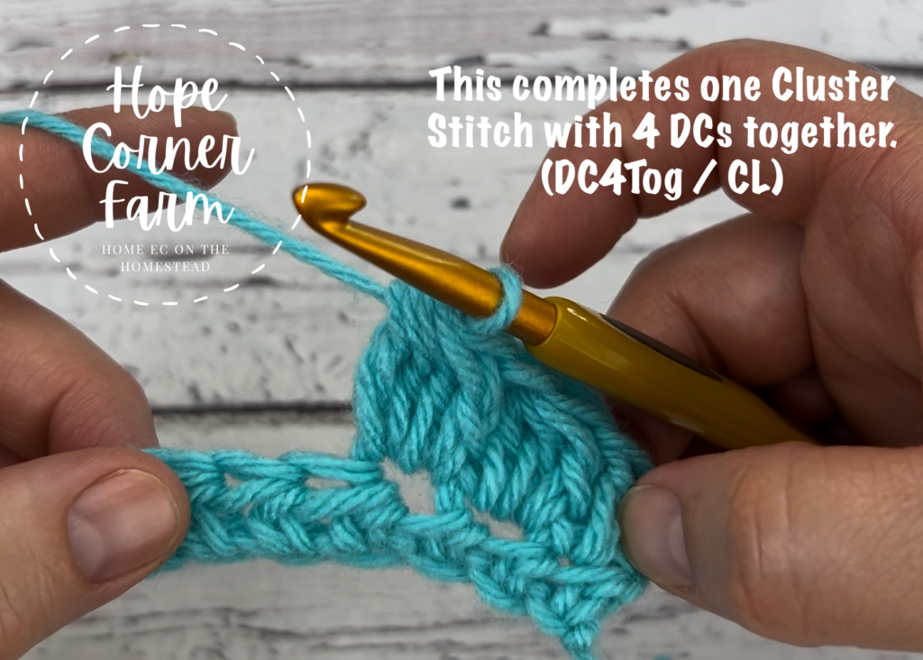 One larger crochet cluster stitch with 4 double crochets put together into one stitch (DC4Tog or CL)