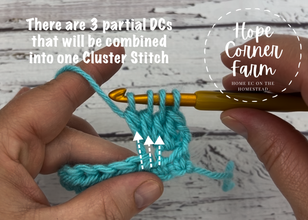 the cluster stitch has 3 partial double crochet stitches combined into one crochet stitch