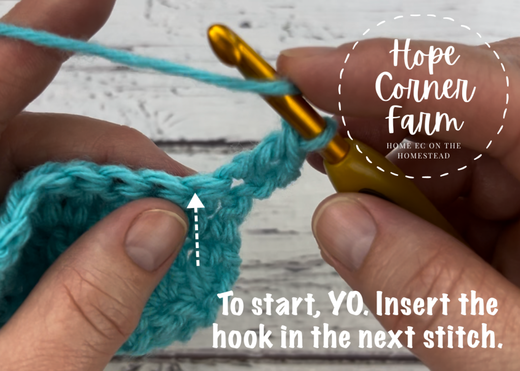 To start, YO and insert the hook into the next crochet stitch