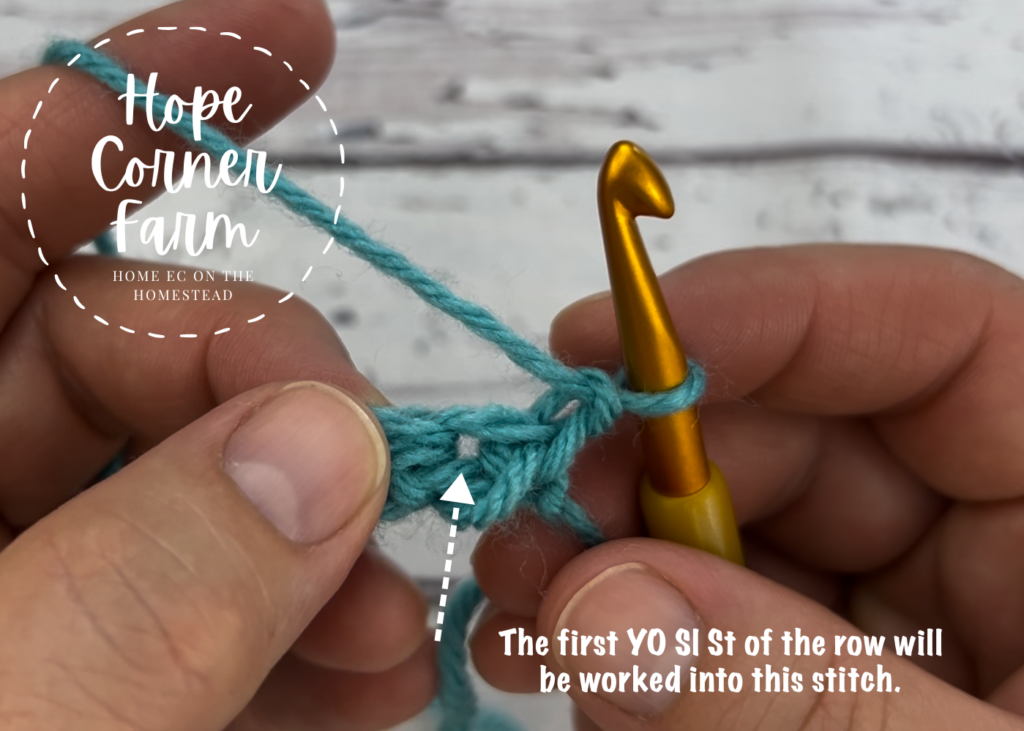 Where to place the first Yarn Over Slip Stitch of the next row