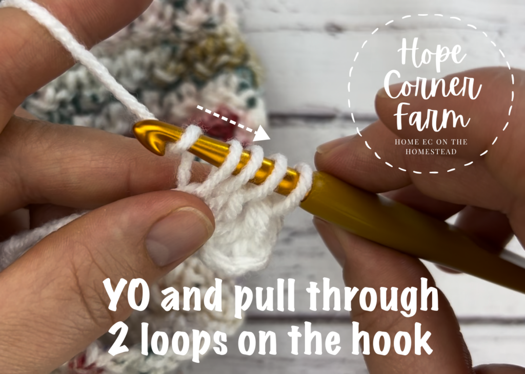 YO and pull through 2 loops of yarn on the crochet hook