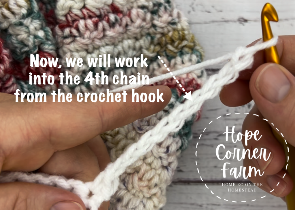 Work into the 4th chain from the crochet hook