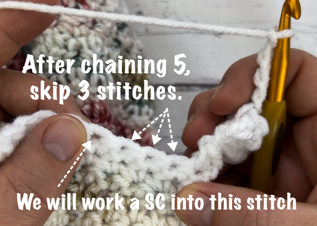 After chaining 5, skip 3 stitches for the crochet blanket border