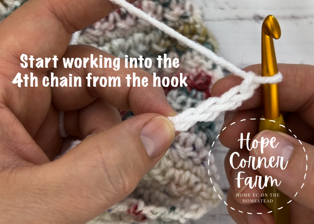 Start working into the 4th chain from the crochet hook