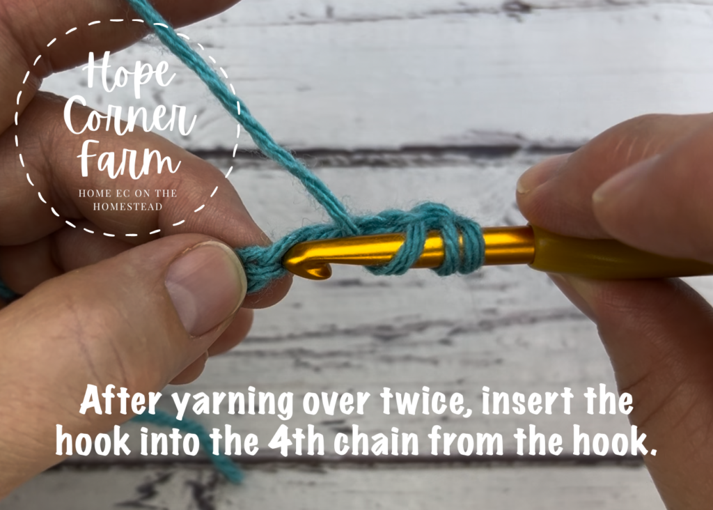 Yarn over twice and insert the hook into the 4th chain from the hook