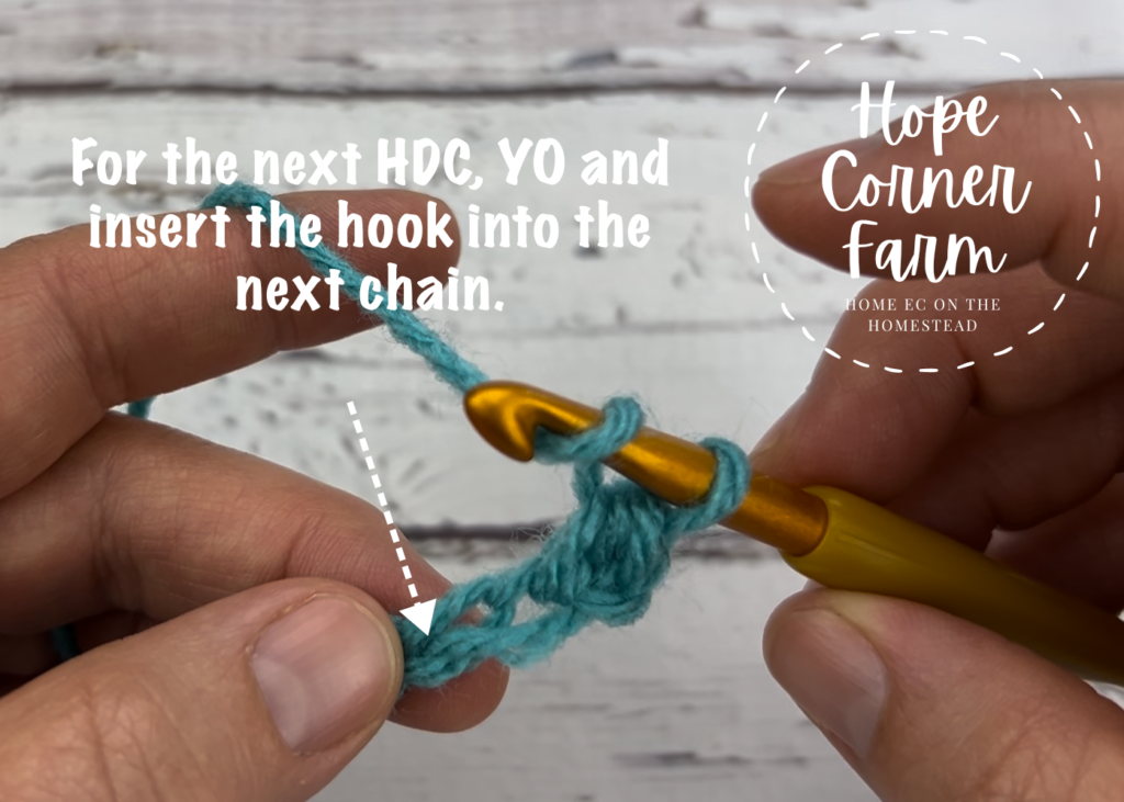 Where to work the next HDC stitch in crochet